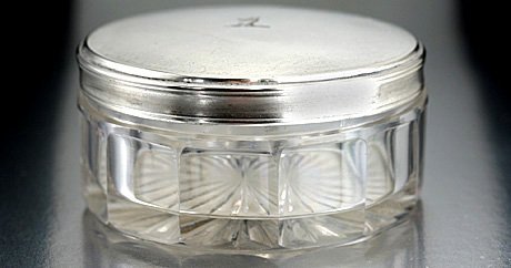 CRYSTAL DRESSING TABLE PERFUME SCENT POT, ENGRAVED PLATED LID