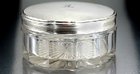 CRYSTAL DRESSING TABLE PERFUME SCENT POT, ENGRAVED PLATED LID