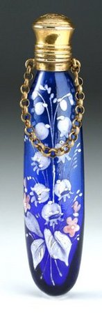 LILY OF THE. VALLEY ENAMELLED BLUE GLAS SCENT PERFUME BOTTLE