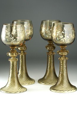 SET OF FOUR PROBABLY THERESIENTHAL ENAMELLED WINE GLASSES