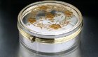 ROUND CRYSTAL HINGED BOX, W/ INTAGLIO ENGRAVED & GILDED LID