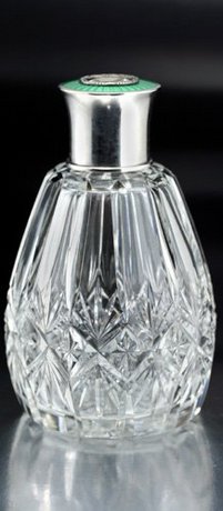 FRENCH CRYSTAL SCENT PERFUME BOTTLE w/ GUILLOCHE TOP