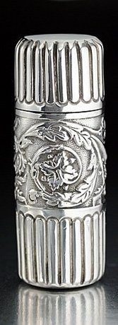 EMBOSSED SILVER CYLINDER SCENT PERFUME BOTTLE