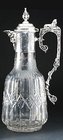ENGRAVED & CUT GLASS CLARET JUG w/ ORNATE PLATED SPHINX MOUNT