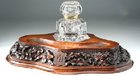 BLACK FOREST TREEN LEAF CARVED PEN & CRYSTAL INKWELL STAND