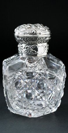 CUT CRYSTAL SCENT PERFUME BOTTLE, BIBLICAL SILVER TOP