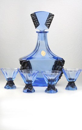 1930s DECO BLUE CRYSTAL DECANTER & GLASSES SET POSSIBLY SCHLEVOGT