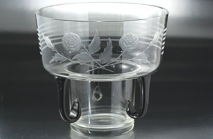 DECO ENGRAVED ROSES CLEAR VASE WITH THREE BLACK HANDLES