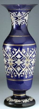 TALL COBALT GLASS VASE WITH ORNATE ENAMELLING