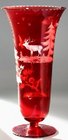 RUBY FLASHED GLASS VASE WITH ENGRAVED DEER & BIRDS