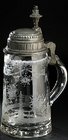 BOHEMIAN ENGRAVED CLEAR GLASS BEER STEIN w/ BUBBLE BASE