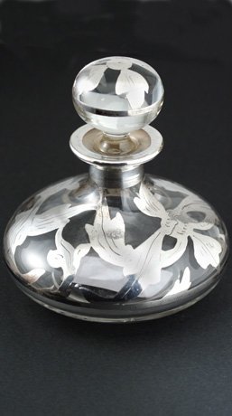 SILVER OVERLAY GLASS SCENT PERFUME BOTTLE