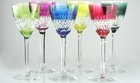 SET OF SIX CUT CRYSTAL HARLEQUIN COLOURED WINE GLASSES