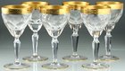 SET OF SIX CUT CRYSTAL WINE GLASSES WITH RELIEF FLORAL GOLD RIMS