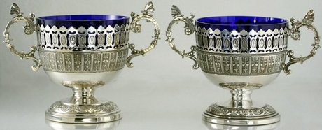 PAIR OF WMF PLATED SUGAR BASKETS WITH BLUE LINERS