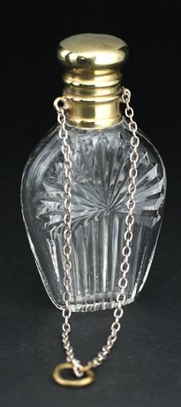 CUT CRYSTAL SCENT PERFUME BOTTLE WITH BRASS TOP & CHAIN