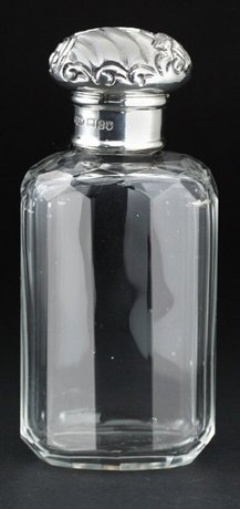 CUT GLASS DRESSING TABLE SCENT PERFUME BOTTLE, SILVER BIRD TOP
