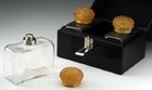 DECO CASED SET OF THREE SCENT PERFUME BOTTLES WITH CATALIN TOPS