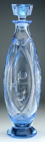 ART DECO AQUA BLUE ENGRAVED GLASS DECANTER