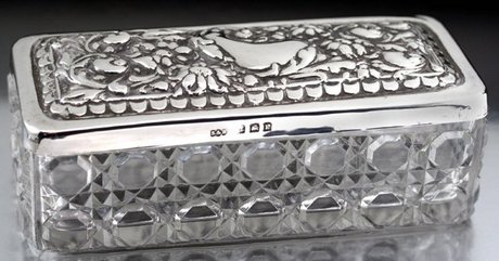 MOULDED GLASS DRESSING TABLE BOX STERLING SILVER EMBOSSED LID