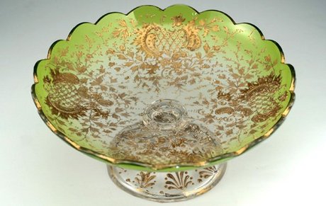 GREEN SHADED & GILDED GLASS TAZZA COMPOTE, POSSIBLY MOSER