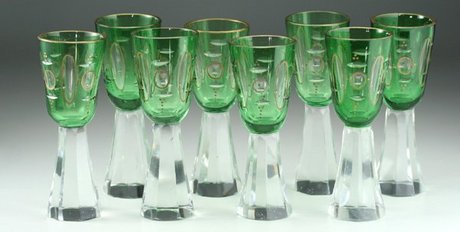 SET OF EIGHT DECO GREEN & CLEAR LIQUEUR GLASSES