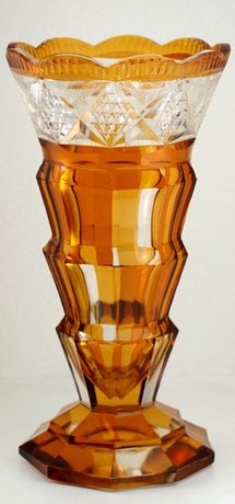 BOHEMIAN FLASHED AMBER AND CLEAR FACET CUT VASE