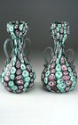 NEAR PAIR OF FRATELLI TOSO GREEN MILLEFIORI DOUBLE HANDLE VASES