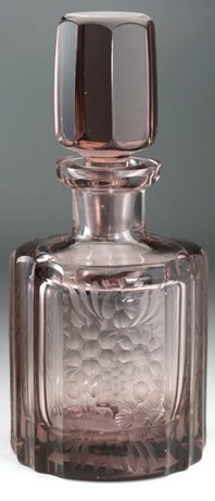 SMALL AMETHYST GLASS ENGRAVED DECANTER, FLASK, BOTTLE