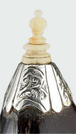 CENTURY CARVED NUT SCENT PERFUME BOTTLE WITH SILVER & IVORY MOUNT
