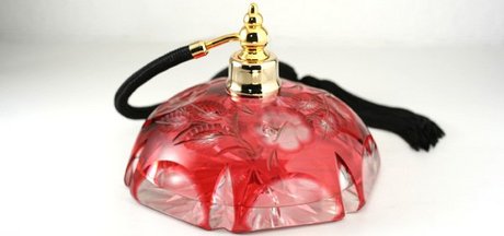 DECO CUT ENGRAVED CRANBERRY OVERLAY SCENT PERFUME ATOMIZER SPRAY