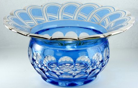 BLUE OVERLAY CRYSTAL THISTLE BOWL WITH APPLIED SILVER DECORATION