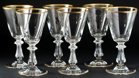 SET OF SIX VAL ST. LAMBERT CROWN GOLD SMALL WINE SHERRY GLASSES