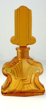DECO CUT & ENGRAVED AMBER SCENT PERFUME BOTTLE WITH TALL STOPPER