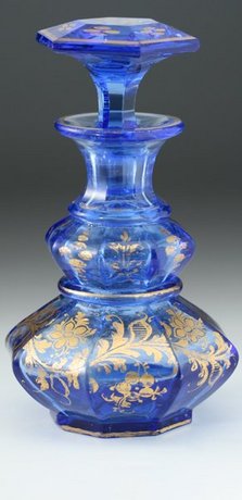 GILDED BLUE GLASS BOHEMIAN SCENT PERFUME BOTTLE