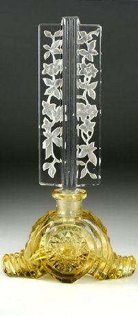 CZECH DECO CITRINE & CLEAR SCENT PERFUME BOTTLE, ETCHED STOPPER