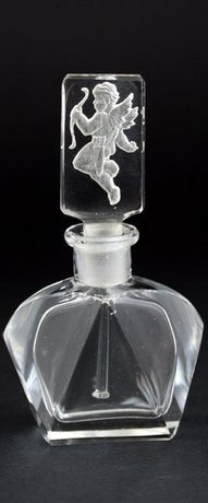 DECO CUT CRYSTAL SCENT PERFUME BOTTLE, CUPID FIGURAL STOPPER