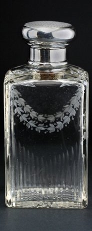 SILVER TOP ENGRAVED CUT GLASS DRESSING TABLE SCENT PERFUME BOTTLE