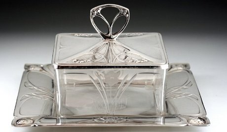 WMF ART NOUVEAU CRYSTAL BUTTER DISH ON PLATED STAND