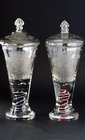 PAIR OF COLOUR TWIST ARMORIAL LIDDED MARRIAGE GOBLETS 