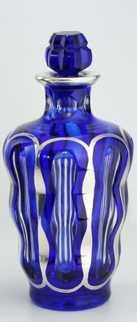 COBALT BLUE CUT TO CLEAR SCENT PERFUME BOTTLE WITH SILVER OVERLAY