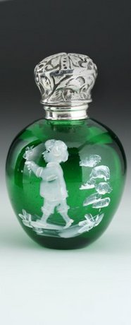 MARY GREGORY STYLE GREEN GLASS SCENT PERFUME BOTTLE, SILVER TOP