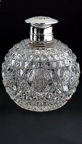 SPHERICAL CUT CRYSTAL SCENT PERFUME TABLE BOTTLE, SILVER TOP