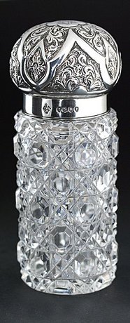 HOBNAIL CUT CRYSTAL SCENT PERFUME BOTTLE, EMBOSSED SILVER TOP