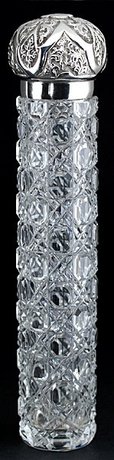 TALL HOBNAIL CRYSTAL DRESSING TABLE BOTTLE, EMBOSSED SILVER TOP