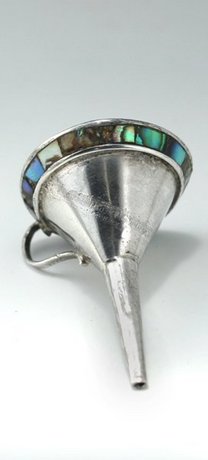 MEXICAN SILVER SCENT PERFUME BOTTLE FUNNEL, MOTHER OF PEARL RIM