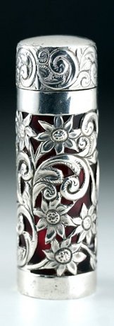 SILVER & RUBY GLASS CYLINDER SCENT PERFUME BOTTLE 
