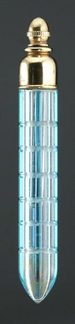 CZECH DECO BLUE OVERLAY CUT GLASS LAYDOWN SCENT PERFUME BOTTLE 