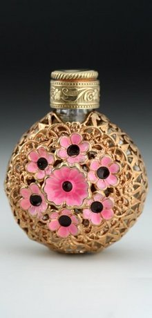 CAGED SCENT PERFUME BOTTLE 3-D ENAMELLED FLOWERS, PROBABLY CZECH
