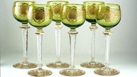 SIX ACID ETCHED GREEN CASED WINE GLASSES GOBLETS PROB. ST. LOUIS